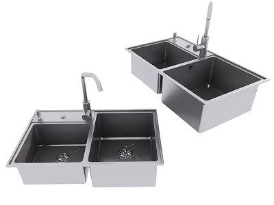 Modern Stainless Steel Double Bowl Kitchen Sink With Durable Faucet Design 3d model