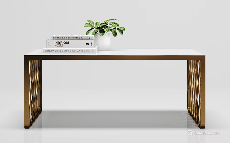 Modern Console Table With White Tabletop Gold Metal Legs Books And Green Plant 3d model 