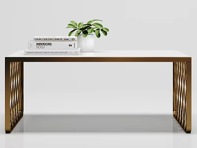Modern Console Table With White Tabletop Gold Metal Legs Books And Green Plant 3d model