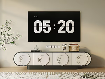 Modern TV Stand With White Circular Cabinet Doors And Decorative Items By Green Plant 3d model
