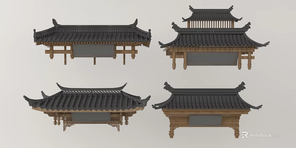 Traditional Chinese Architectural Components With Classic Roof Designs And Wooden Frames 3d model 