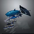Blue Shark With Crystal Like Texture And Small Fish Floating In Group 3d model