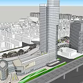 Urban Commercial Complex With High Rise Towers Connecting Walkways And Open Plazas