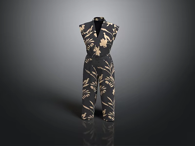 Stylish Black Jumpsuit With Floral And Leaf Patterns For Daily Use 3d model