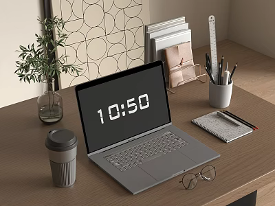 Open Laptop on Wooden Desk with Coffee Cup Green Plant Eyeglasses Notebook and Pen 3d model