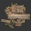 Recycled Wooden Planks And Metal Components Stacked Art Installation With Ropes And Broom