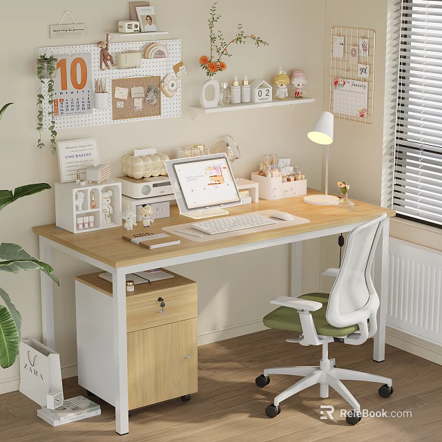 Cozy Home Office With Wooden Desk Computer Lamp Pegboard And Organized Storage 3d model 