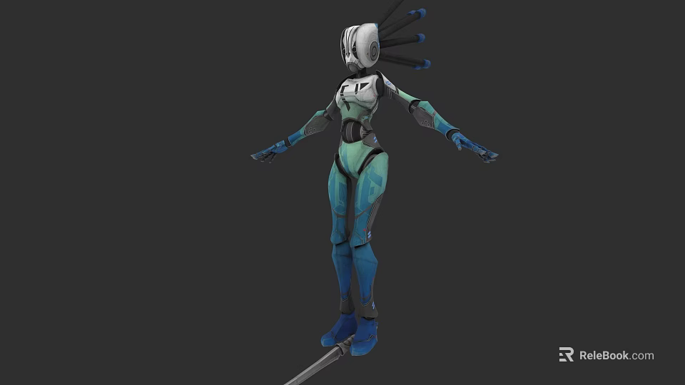 Sci Fi Game Movie Character Mechanical Head Teal Armor Blue Boots Standing On Staff 3d model 