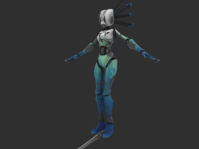 Sci Fi Game Movie Character Mechanical Head Teal Armor Blue Boots Standing On Staff 3d model