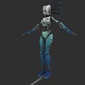 Sci Fi Game Movie Character Mechanical Head Teal Armor Blue Boots Standing On Staff