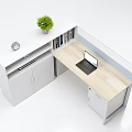 Modern Office Desk With Shelf Potted Plant Clock Files And Storage Cabinet