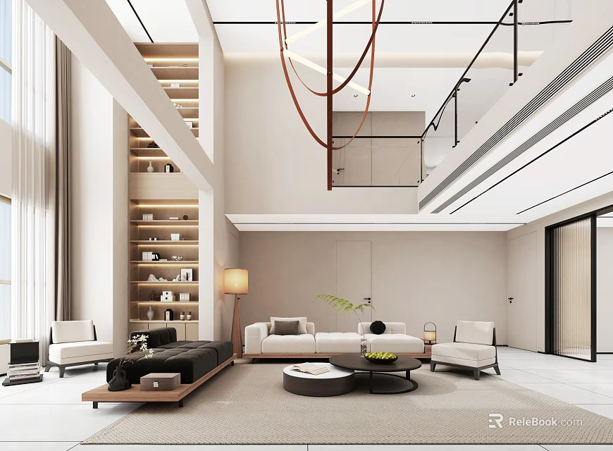 Modern Duplex Living Room Interior Design With High Ceiling And Sofa Coffee Table 3d model 