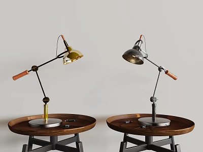 Vintage Table Lamps With Adjustable Metal Arms And Wooden Bases On Round Wood Tables 3d model
