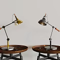 Vintage Table Lamps With Adjustable Metal Arms And Wooden Bases On Round Wood Tables