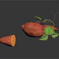 Whole Sweet Potatoes With Green Leaves Roots And Sliced Piece On Dark Background
