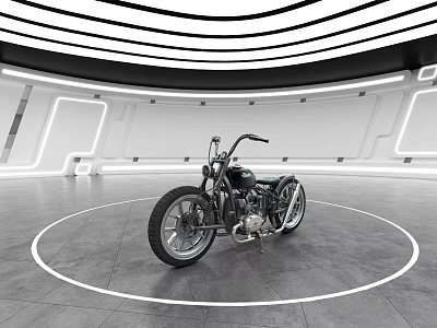 Classic Motorcycle Displayed in Futuristic White Studio With Circular Lighting and Gray Floor 3d model