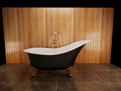 Elegant Black And White Bathtub With Gold Faucet Legs Wooden Wall And Dark Tiled Floor 3d model