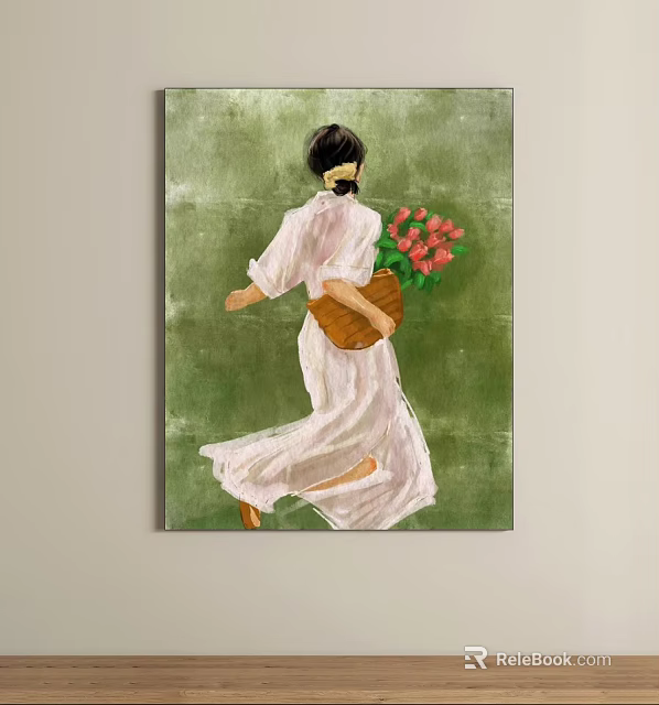 Oil Painting of Woman in White Dress Carrying Red Roses Basket from Behind Green Background 3d model 
