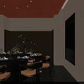 Elegant Private Dining Room With Round Dining Table Chairs Tableware Red Ceiling And Decorative Plants 3d model