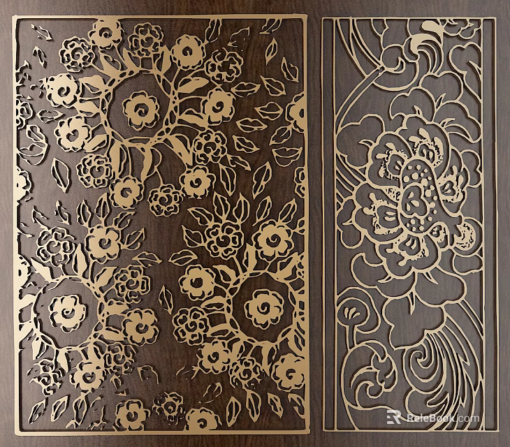 Intricate Floral Carving Design On Dark Wooden Panel With Golden Patterns 3d model 
