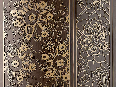 Intricate Floral Carving Design On Dark Wooden Panel With Golden Patterns 3d model
