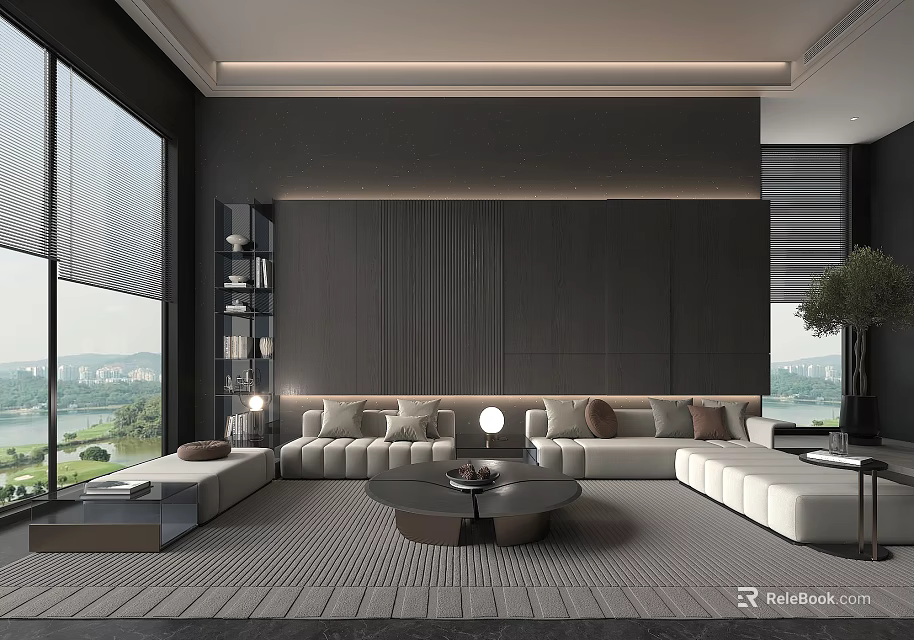 Modern Living Room Interior Featuring Dark Textured Wall Large Windows White Sofa And Round Coffee Table 3d model 