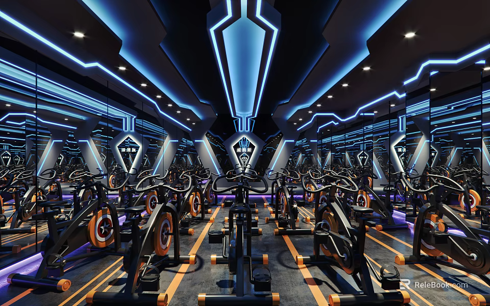 Modern Fitness Gym Interior With Neon Lighting And Rows Of Spin Bikes 3d model 