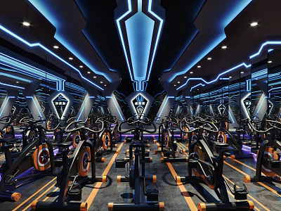 Modern Fitness Gym Interior With Neon Lighting And Rows Of Spin Bikes 3d model