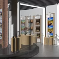 Modern Exhibition Hall Interior With Display Cabinets Decorative Paintings And Wooden Podiums