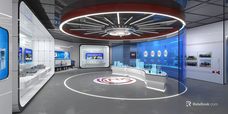 Modern Exhibition Hall With Circular Layout Ceiling Lighting And Digital Display Screens 3d model