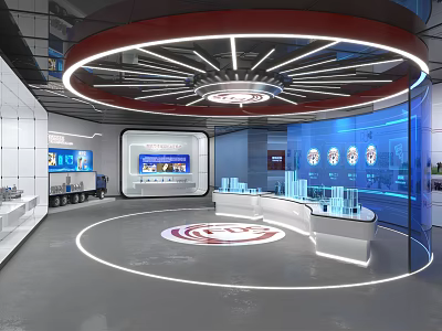 Modern Exhibition Hall With Circular Layout Ceiling Lighting And Digital Display Screens 3d model