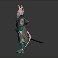 Fantasy Themed Anthropomorphic 3D Character In Green Outfit With Pink Ears And Sword