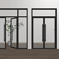 Glass Swing Doors With Black Frames In Modern Interior Space Wooden Floor And Potted Plant