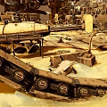 Futuristic Industrial Landscape With Large Mechanical Structures Multi Level Buildings And Vehicle Wrecks
