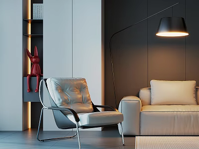Modern Living Room Interior Featuring Light Leather Single Sofa Floor Lamp And Side Shelf 3d model
