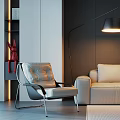 Modern Living Room Interior Featuring Light Leather Single Sofa Floor Lamp And Side Shelf
