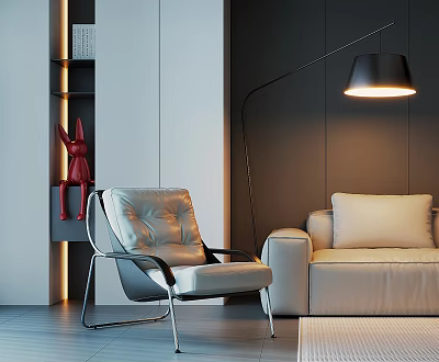 Modern Living Room Interior Featuring Light Leather Single Sofa Floor Lamp And Side Shelf 3d model