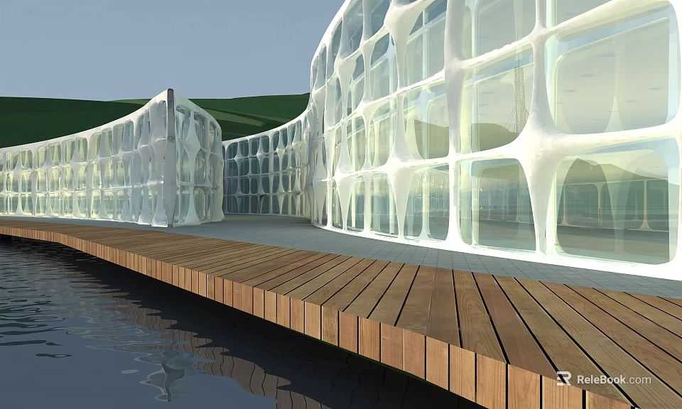Modern Architectural Structure With Curved Glass Walls And Wooden Waterfront Deck 3d model 