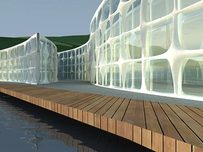 Modern Architectural Structure With Curved Glass Walls And Wooden Waterfront Deck 3d model