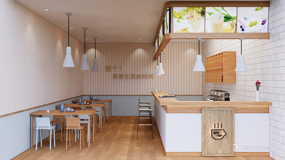 Cozy Milk Tea Shop Interior Design With Wooden Tables Bar Counter And Hanging Lights 3d model 