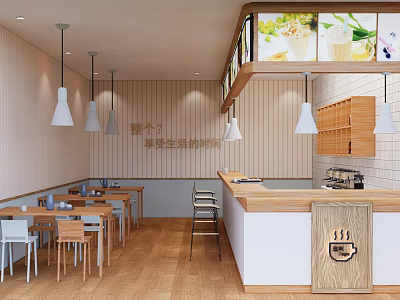 Cozy Milk Tea Shop Interior Design With Wooden Tables Bar Counter And Hanging Lights 3d model