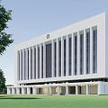 Modern Office Building With White Exterior Glass Windows Top Emblem Green Lawn And Trees
