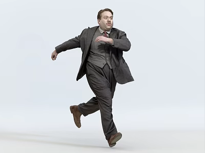 Full Length Man in Dark Formal Suit Running Dynamically Against Plain Light Background 3d model