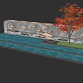 Decorative Garden Wall With Copper Fish Patterns And Red Maple Tree By Water 3d model
