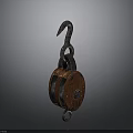 Rustic Vintage Pulley Mechanical Component With Wooden Wheel And Metal Hook