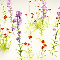 Vibrant Red and Purple Flowers with Green Stems and Leaves on White Background