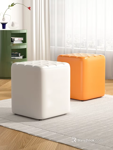 Cube Shaped White and Orange Stools with Textured Surface in Living Room Interior 3d model 