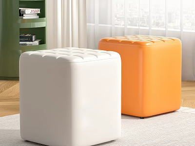 Cube Shaped White and Orange Stools with Textured Surface in Living Room Interior 3d model