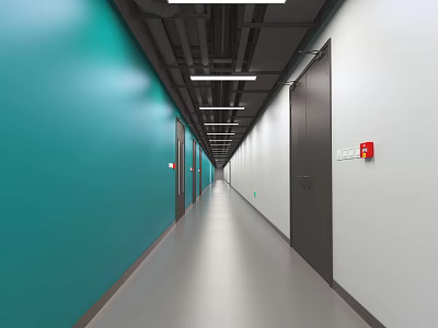 Elevator Hallway With Teal Walls Dark Doors Sleek Gray Floor And Ceiling Lights 3d model