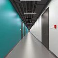 Elevator Hallway With Teal Walls Dark Doors Sleek Gray Floor And Ceiling Lights